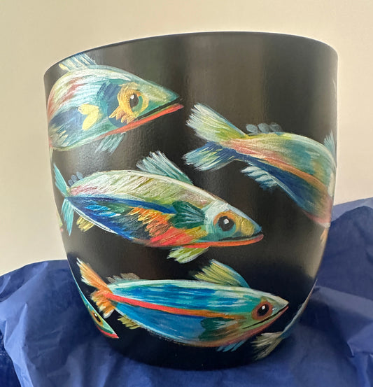 ‘Silver Tide’ – Hand painted Fish Pot (Small)
